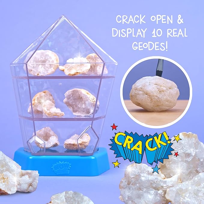 Wow in The World – 10 Real Break-Open Crystal Geodes with Display Case – Bonus Goggles & Magnifying Glass, Companion Audio Content, STEM Toy for Boys & Girls 6+ by Thames & Kosmos