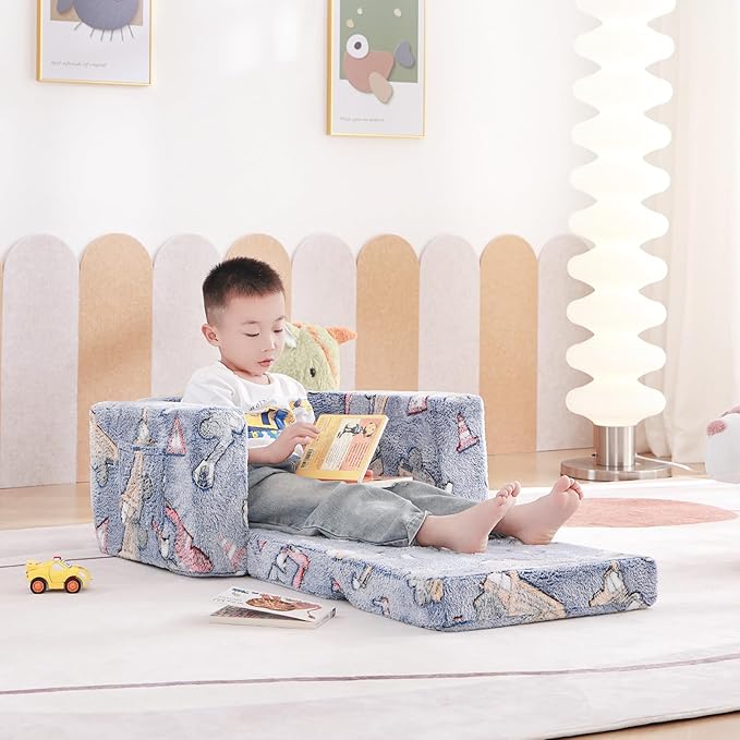 Tiita Kids Sofa, 2-in-1 Kids Sofa Chair, Convertible Children Couch to Lounger, Flip Out Kids Sofa Chair, Glow in The Dark Toddler Armrest Chair Bed for Girl or Boy (Grey Dinosaur)