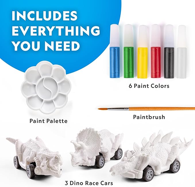National Geographic Pull Back Dinosaur Race Cars Craft Kit - Paint 3 Dinosaur Racecars with 6 Paint Colors, Dinosaur Toys for Kids, Kids Painting Kit, Dinosaur Cars, Arts & Crafts for Kids