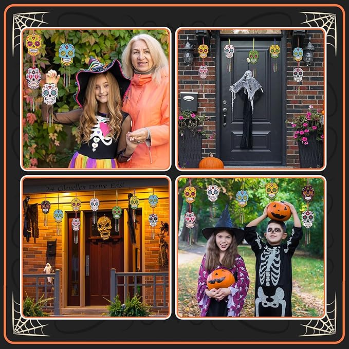 Fennoral 9 Pack Skull Wind Chime Kit for Kids Make You Own Day of The Dead Wind Chime Hanging Ornaments DIY Coloring Wooden Halloween Crafts for Boys Girls Halloween Party Decoration
