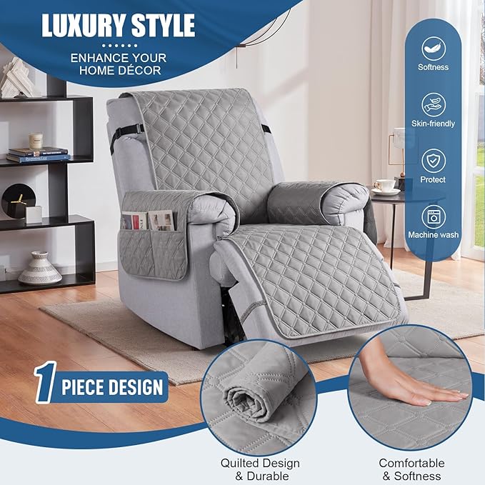 TAOCOCO 100% Waterproof Recliner Covers, Recliner Sofa Covers with Leg Straps, Reversible Recliner Couch Cover for Reclining Chair, Washable Couch Protector for Pets Kids(1 Seater 22", Light Gray)