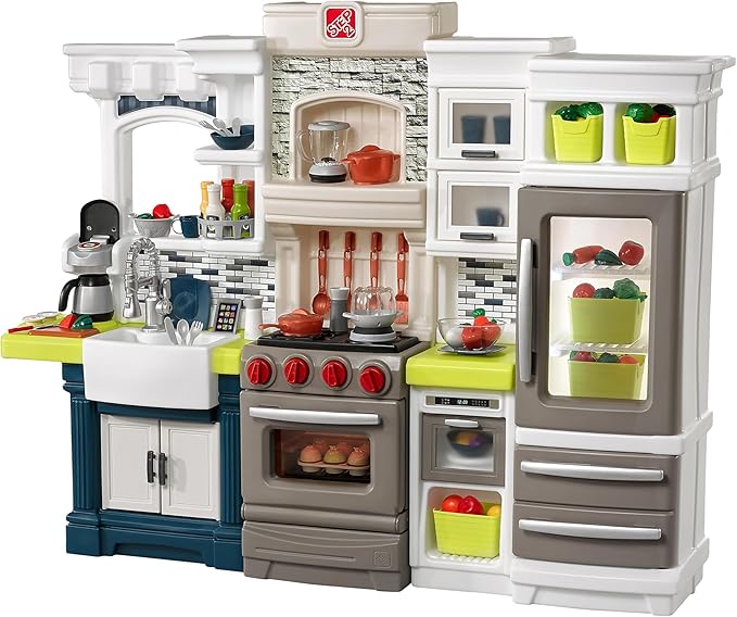 Step2 Elegant Edge Kids Kitchen Playset, Indoor/Outdoor Kitchenette, Interactive Play with Lights and Sounds, Made of Durable Plastic, Includes 78 Piece Toy Accessories, For Toddlers 3+ Years Old