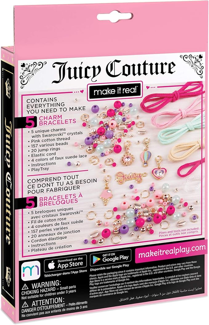 Make It Real - Juicy Couture Mini Crystal Sunshine - DIY Charm Bracelet Making Kit - Friendship Bracelet Kit with Swarovski Crystal Charms - Arts & Crafts Bead Kit for Girls - Makes 5 Bracelets
