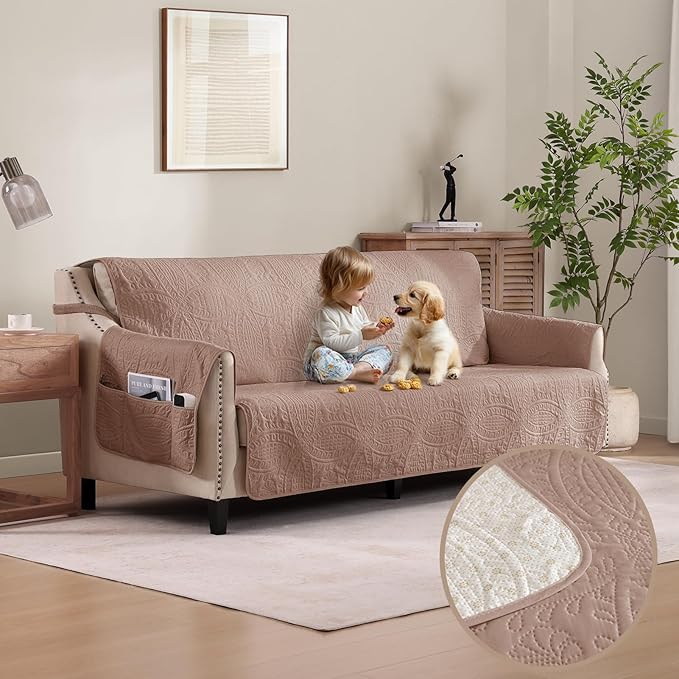 Quilted Pink Sofa Slipcovers with Pockets, Anti-Slip Medallion Designed Couch Covers for 3 Cushion Sofa, Couch Cover for Dogs Cats Water-Repellent Machine Washable (Large Sofa 68", Pink)