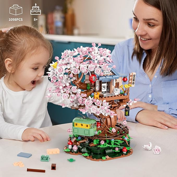 Cherry Blossom Treehouse Building Set for Girls 8-12, Compatible with Lego Friends, Flowers House Japanese Izakaya Shop Architecture Building Blocks Toy with Light for Adults, Gift for Kids (1098 PCS)