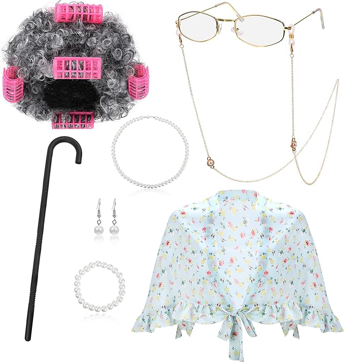 Tatuo 7pcs Halloween Old Lady Costume Granny Wig Shawl Cane Frame Glasses with Chain Pearl Necklace Bracelet Earrings