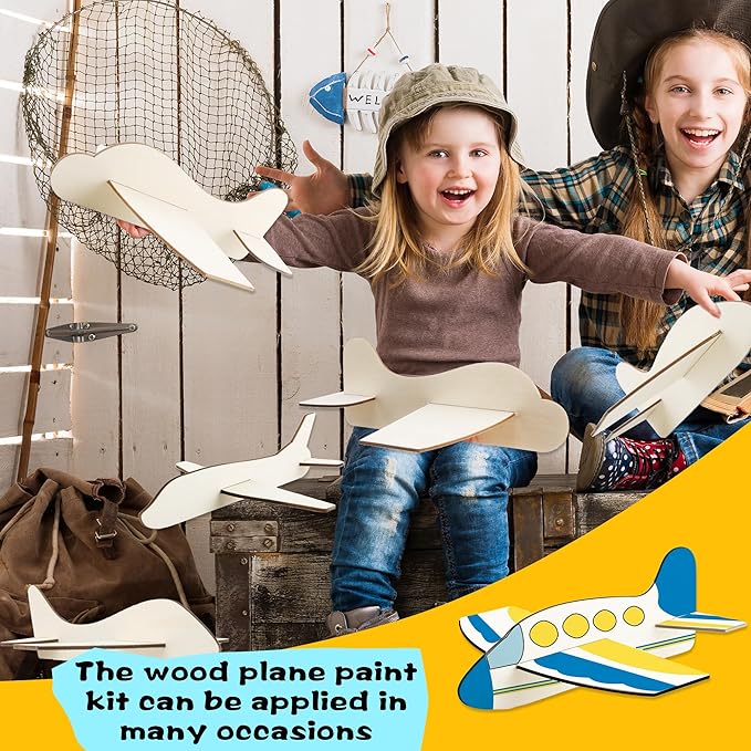 Feradny 24 Pack DIY Model Planes Unfinished Wooden Airplane Model Toys Wood Plane Paint kit Aircraft Plane Model for Kids School Art Activity Birthday Carnival Party, 4 Styles