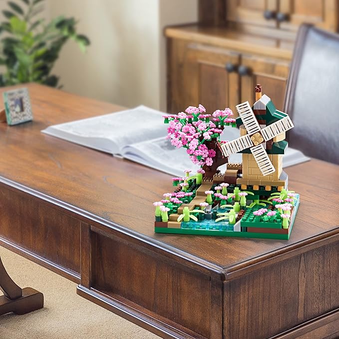Architecture River Windmill Building Model Kit Micro Block Set Mini Blocks 600+ PCS with 2 Figure
