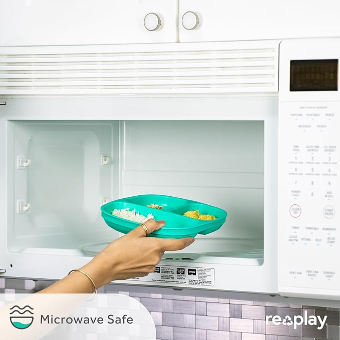 Re-Play Made in USA 7" Deep Walled Divided Plates for Kids, Set of 3 - Reusable 3 Compartment Plates, Dishwasher and Microwave Safe - 7.37" x 7.37" x 1.25", Tulip