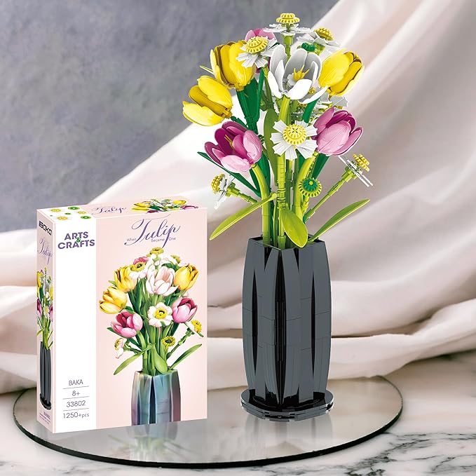 PUNIMA Tulips Building Blocks Set, Flowers Bouquet with Vase for Adults, Girls, Home, Office, Decor - 1250pcs