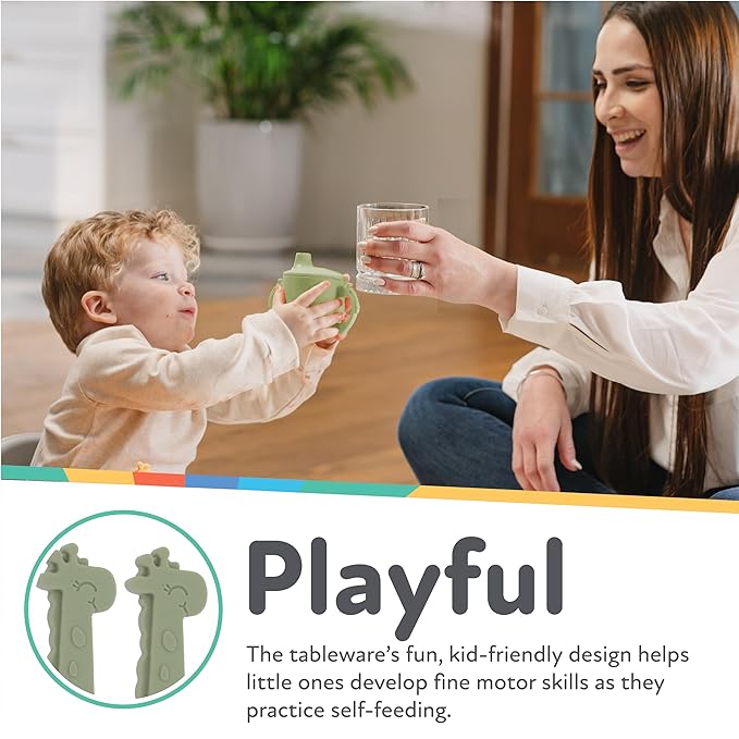 Nuby Animal Friends Silicone and Stainless Steel Fork and Spoon Set - 12+ Months - Green Giraffe