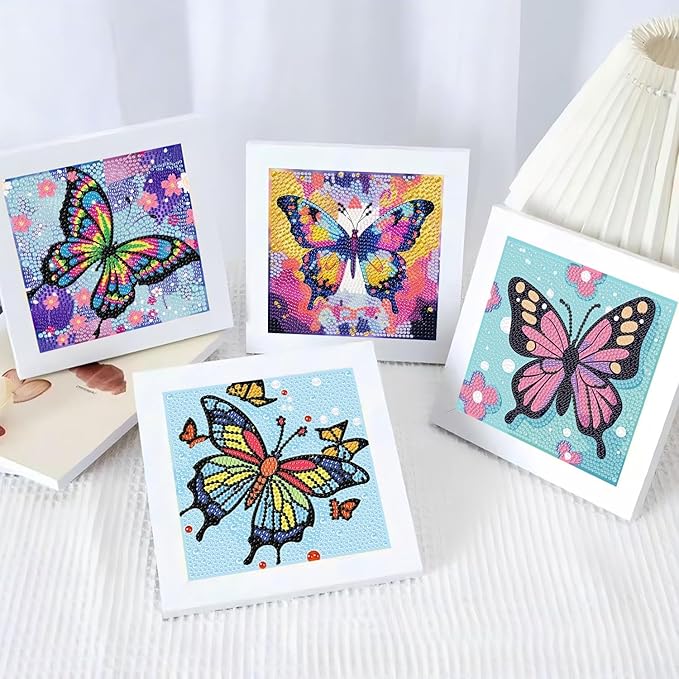 Reivworl 4 Packs Diamond Art Kits for Kids, Butterfly Diamond Art for Kids Ages 8-12, Butterfly Diamond Painting Kits for Kids for Home Wall Decor 6x6 Inch