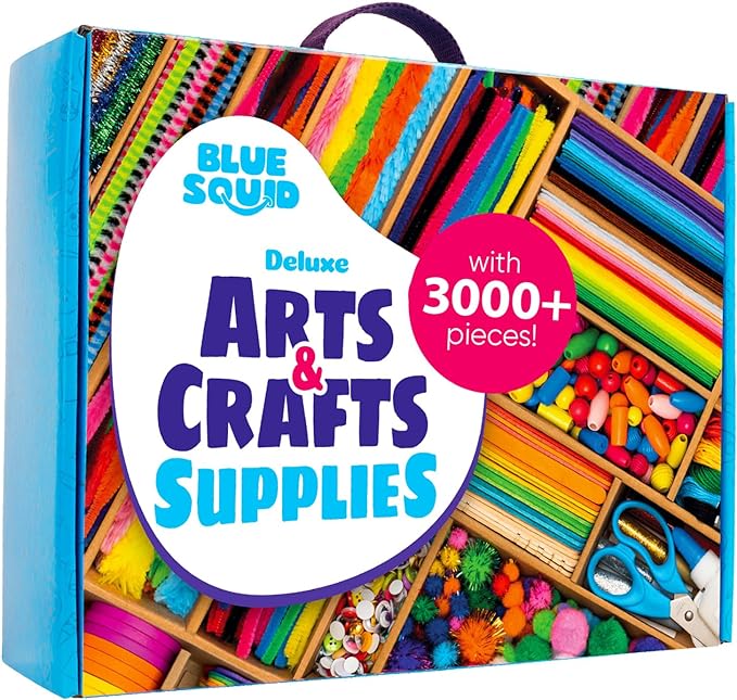 Blue Squid Arts & Crafts Chest - 3000+ pcs Deluxe Craft Supplies Box, 2 Drawers, 18 Compartments, Sturdy Handle - Art Crafting Kit Christmas Gifts for Kids, School Supply for Ages 4 5 6 7 8 9 10 11 12
