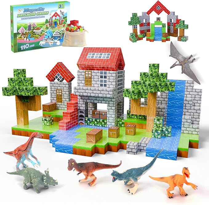 Magnetic Blocks 110PCS with 6 Dinosaur Toys, Building Blocks Set, Toys for Boys & Girls Age 4-6,6-8, Stacking Building Toys for Toddlers Kids 3+(Jungle & Dinosaur)