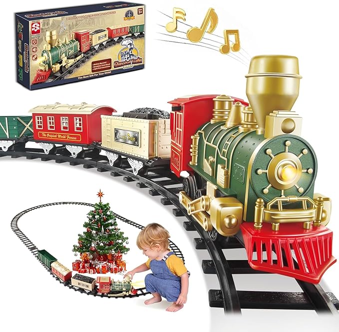 Train Set - Electric Train Toys, Toddler Train w/Light and Sounds (ON/Off), Classical Train Sets for Boys w/Locomotive, Carriages and Tracks, Christmas Toy Train Gifts for 3-10 Year Old Kids