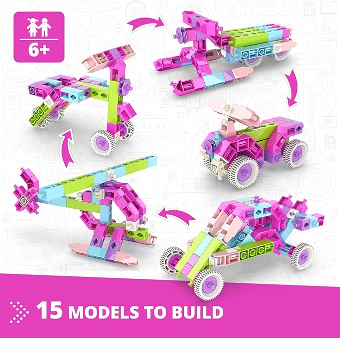 Engino STEM Girls Construction Building Designer 15 Model Toy Set. Educational Gift for Ages 6-12. Learn Engineering and Create 3D Models.