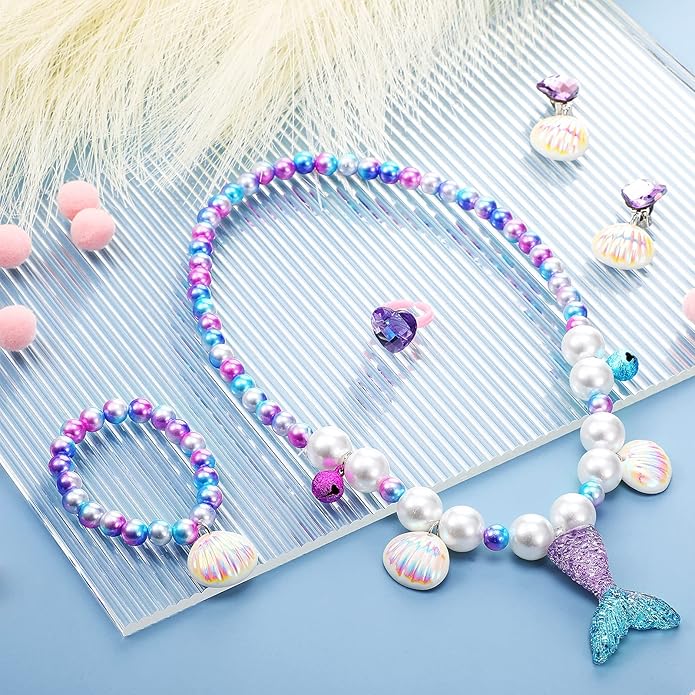 Jadive Mermaid Jewelry for Girls, Kids Mermaid Necklace Bracelet Ring Earrings Set Jewelry Gifts for Kids Toddler Pretend Play Christmas Dress up Party Decorations