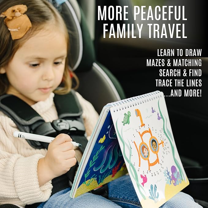 Kids Small Size Travel Educational Activity Book with Washable Markers (7"x7") - Car and Airplane Activities, Learning Toys for Toddlers - Search and Find, Reusable Stickers for Ages 4, 5, 6 (Ocean)