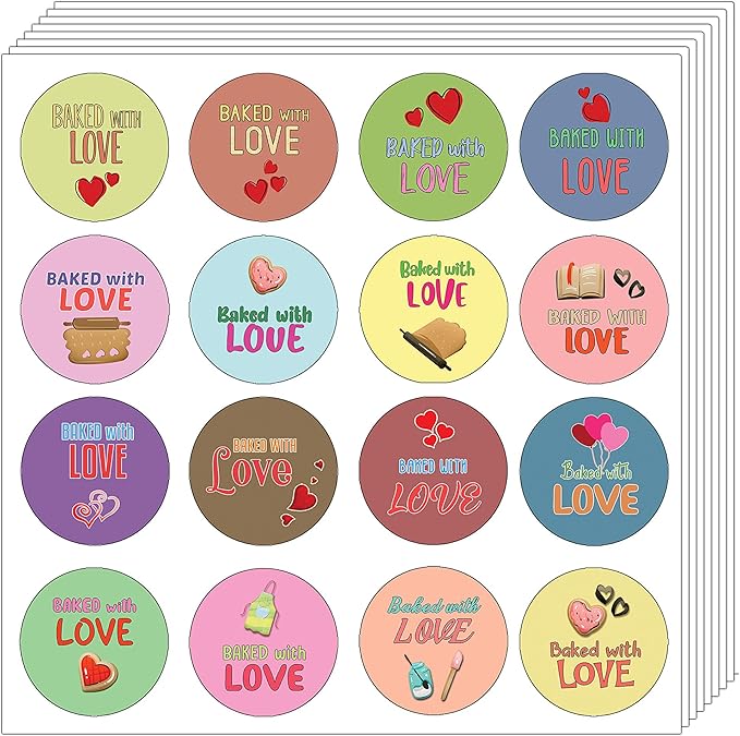 Creanoso Baked with Love Stickers (10-Sheet) - Stocking Stuffers Gift Ideas for Family, Relatives and Friends - 16 Assorted and Colorful Designs - Awesome Idea for Party Favors and Giveaways