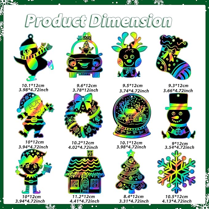 Christmas Scratch Crafts Art for Kids, 48 Pieces Rainbow Christmas Scratch Paper Art with Wooden Sticks, Christmas Ornaments for Kids Party Favors Supplies