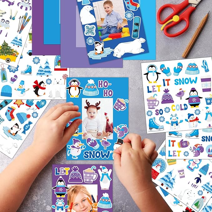 Qyeahkj 48 Pack Winter Craft for Kids Winter Picture Frame with Easel DIY Paper Arts Crafts Kit with Stand Christmas Holiday Xmas Photo Frames Bulks Game Activity for Kindergarten Preschool Boys Girls