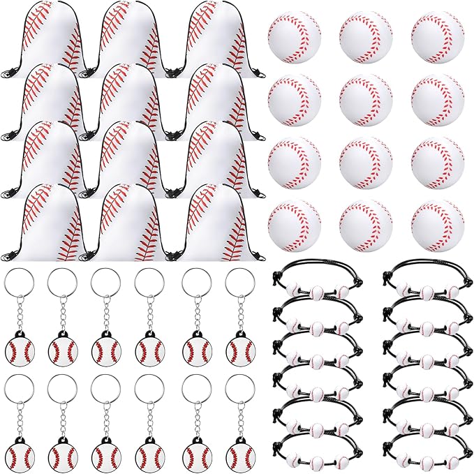 Poen 48 Pcs Baseball Party Favors Baseball Themed Supplies Include 12 Baseball Drawstring Backpack 12 Mini Baseball 12 Baseball Keychain 12 Baseball Wax Thread Braided Bracelet Inspirational Team Gift
