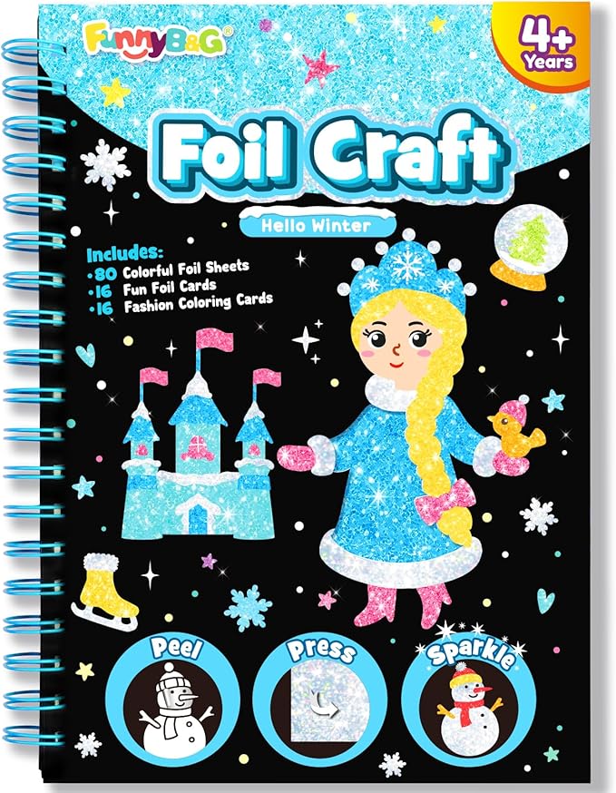 Foil Art Craft Activity for Kids: Fun DIY Toy Sticker Kit, No Mess Creative Travel Supply Set, Idea Birthday Easter Basket Stuffers Valentines Gift for Girl Boy Toddler 4 5 6 7 8 9 Year Old (Winter)
