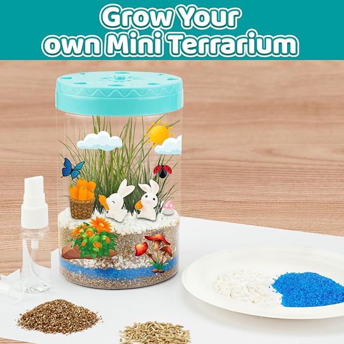 Rabbit Light Up Terrarium Kit for Kids,Bunny Gardening Kit for Boys and Girls,DIY Creative Educational Toy, Arts Crafts Activity,Birthday Easter for Ages 4 5 6 7 8-12