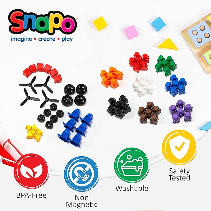 Snapo Jr. Advanced Builder Blocks for Toddlers 18 Months to 5 Years - Six-Sided Large Building Blocks - Build Planes, Cars and Trains - Unisex Stackable Assembly Blocks for Kids (80pcs)