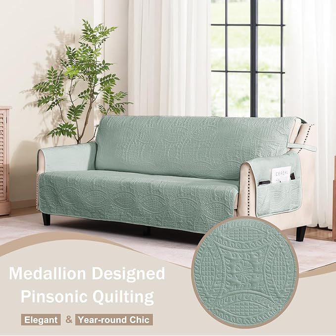 Sage Green Quilted Sofa Cover, Anti-Slip Medallion Designed Couch Covers for 3 Cushion Couch, Sofa Slipcovers for Dogs Cats Water-Repellent, Machine Washable (Large Sofa 68", Sage Green)