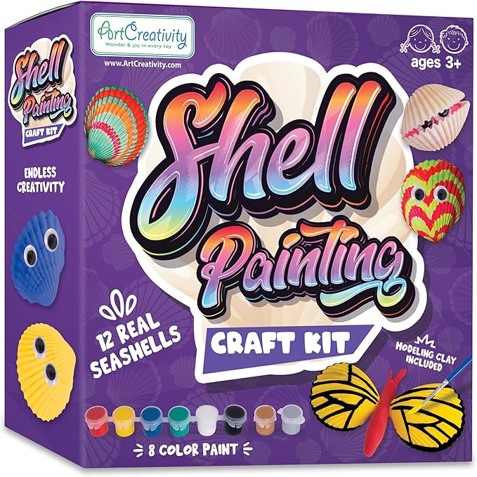 ArtCreativity Seashell Painting Kit for Kids - Sea Shell Craft Kit with 12 Real Seashells, 8 Paint Pots, 2 Glitter Paint Tubes, Air Dry Clay, and More - Summer Arts and Crafts Kits for Girls Ages 4-12