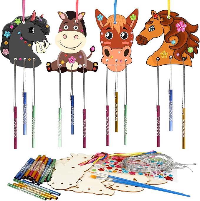 Fennoral 8 Pack Wind Chime Kit for Kids Make Your Own Horse Head Wind Chime Wooden Arts and Crafts for Girls Boys Ornaments DIY Coloring Horse Craft for Art Activity Birthday Party Supplies