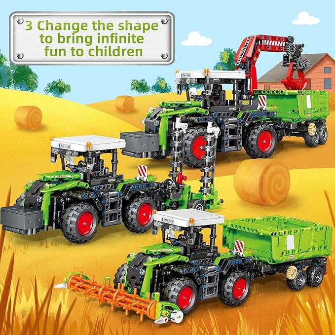 City Construction 3 in 1 Tractor Harvester Building Block Kits, Truck Farm Construction Vehicles Set Toys for Adults and Boys Girls 8-12(1481 Pieces)