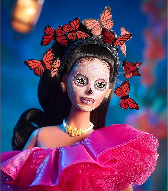 Barbie Signature Fashion Doll, 2023 Dia de Muertos Collectible Wearing Ruffled Pink Gown & Holding Tiny Ofrenda, Includes Doll Stand