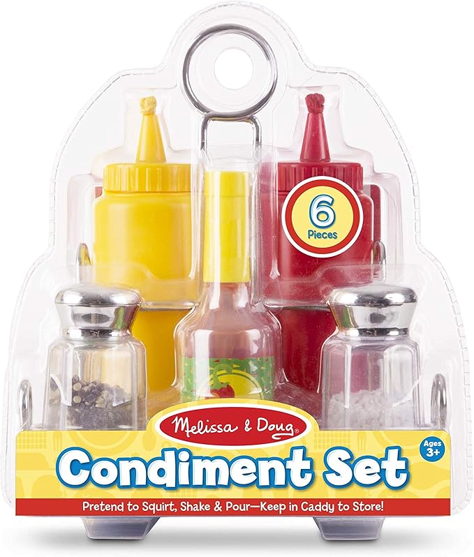 Melissa & Doug Condiments Set (6 pcs) - Play Food, Stainless Steel Caddy
