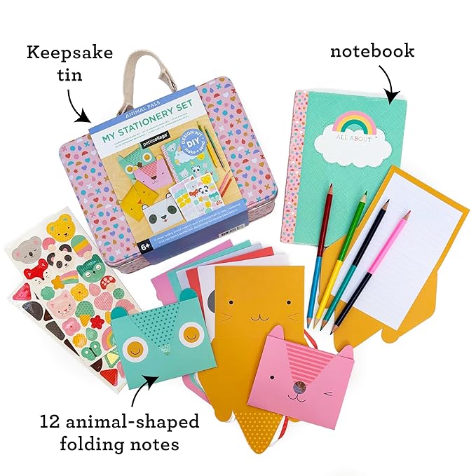 Petit Collage DIY Arts and Crafts Kit, Stationery Design – Craft Kit for Kids Includes 12 Animal Notecards, 1 Blank Journal, 2 Sticker Sheets, 4 Colored Double-Sided Pencils & Instructions