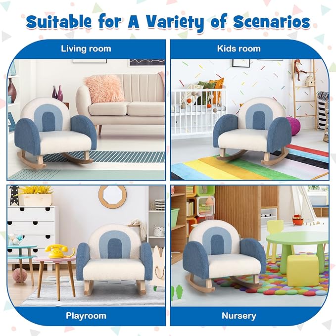 Costzon Kids Blue Rocking Chair with Solid Wood Frames, Plush Fabric, Anti-Tip Design for Kids Room, Nursery, Playroom, Preschool, Birthday Gift for Boys Girls, Toddler Furniture Armchair