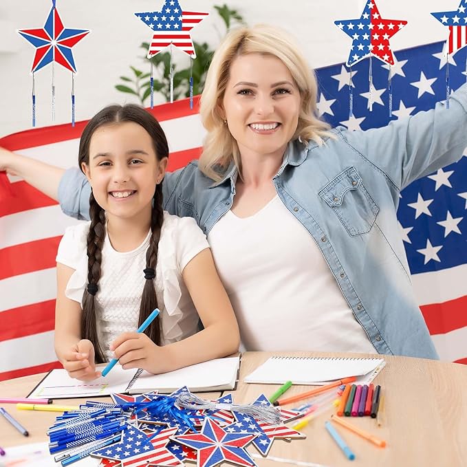 Fennoral 12 Pack Star Wind Chime Kit for Kids Make You Own Patriotic Star Wind Chimes DIY Colorful 4th of July Craft for USA Independence Day Ornaments 4th of July Art Activity