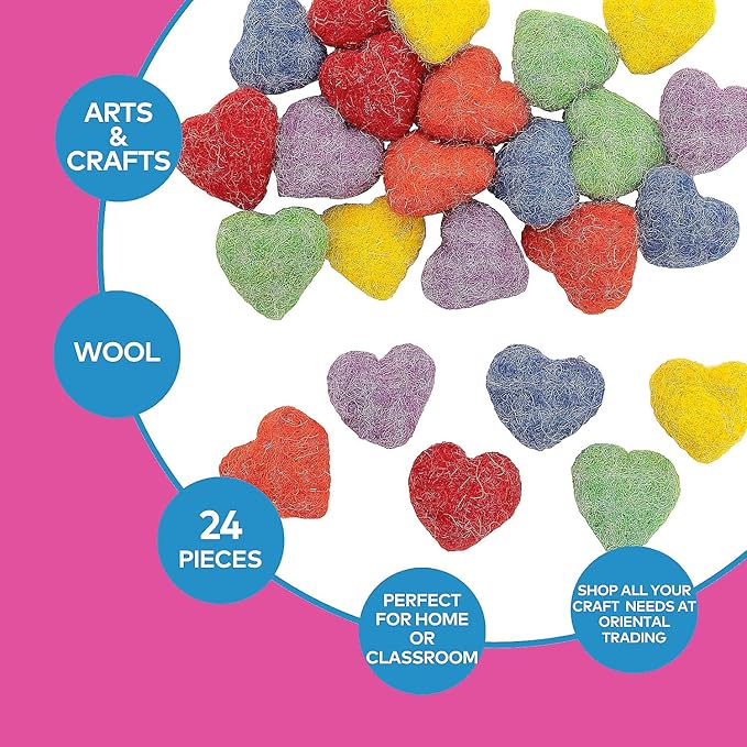 Rainbow Wool Felt Hearts - Craft Supplies - 24 Pieces