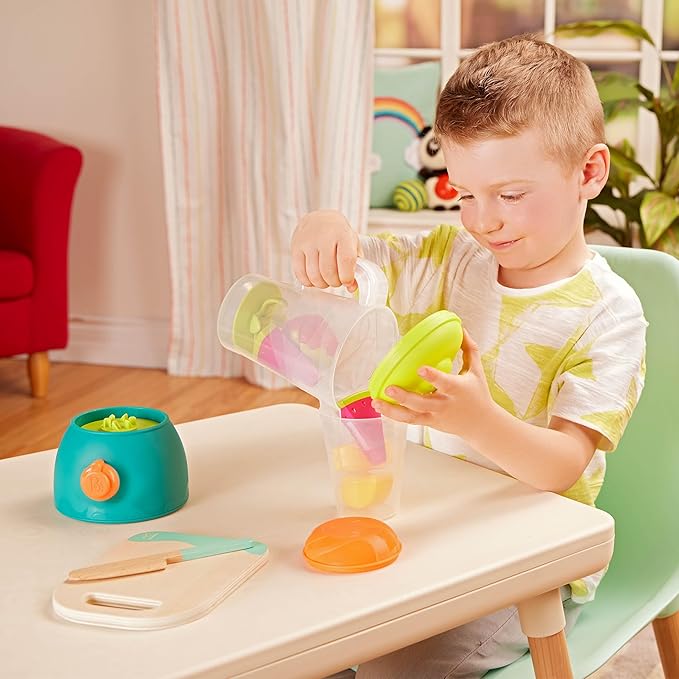 B. toys-Mini Chef - Fruity Smoothie Playset- Pretend Play Smoothie Play Set – Toy Blender & Play Kitchen Accessories – Play Food, Cup, Cutting Board, Knife – Role-Play Toys for Kids – 3 Years +