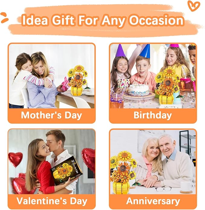 Flowers Sunflower Building Sets for Adults, Van Gogh Prints Art Botanical Collection for Woman Girls 14+, Artificial Pot Bouquet Plants Kits, Home Decor/Christmas/Valentine/Thanksgiving Birthday Gifts