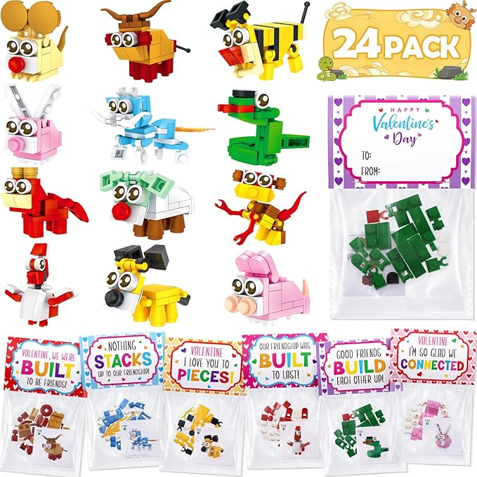 Valentines Day Gifts for Kids - 24 Pack Animal Building Block Set with Valentines Day Cards for Kids Classroom School, Kid Party Favors Goodie Bags Bulk Classmate Exchange Gift Classroom Prize