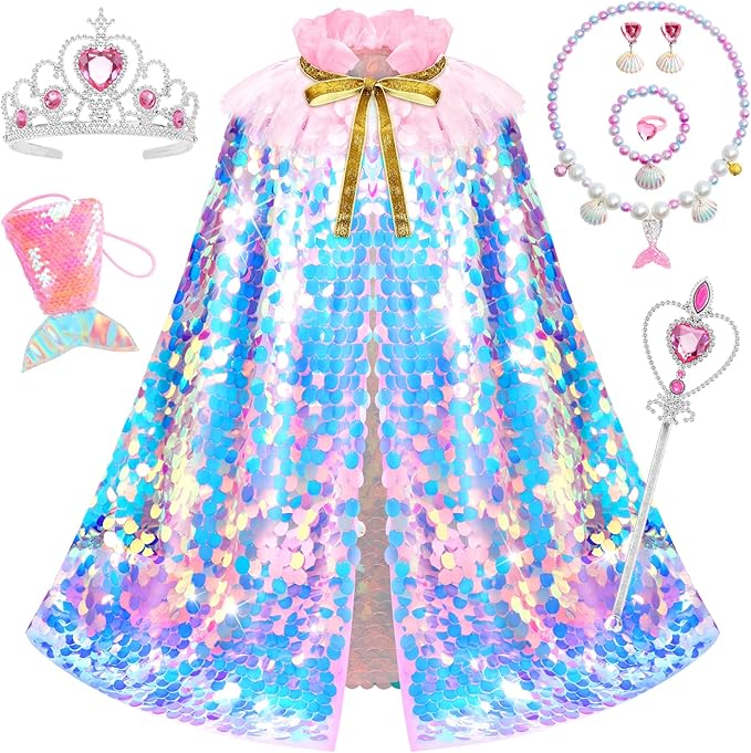 Princess Dress Up for Girls, 9Pcs Mermaid Costume Girls Birthday Gifts Cape Kit for Little Girls 3-8 Years Old, Princess Toys for Christmas Halloween Party Favors