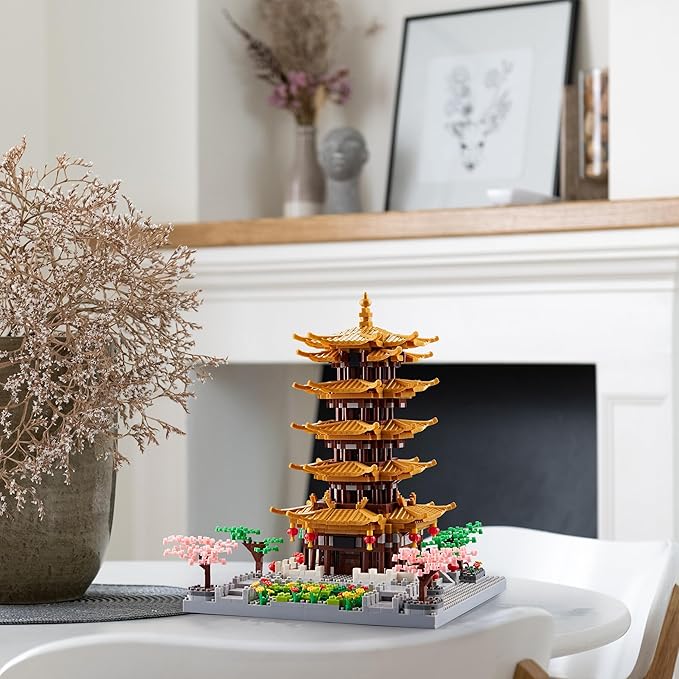 Chinese Architecture Ancient Famous Collectible Micro Building Blocks Set for Adults, 2200PCS Creative Model - Yellow Crane Tower with Cherry Blossom Tree Cherry Plants Toys and Presents