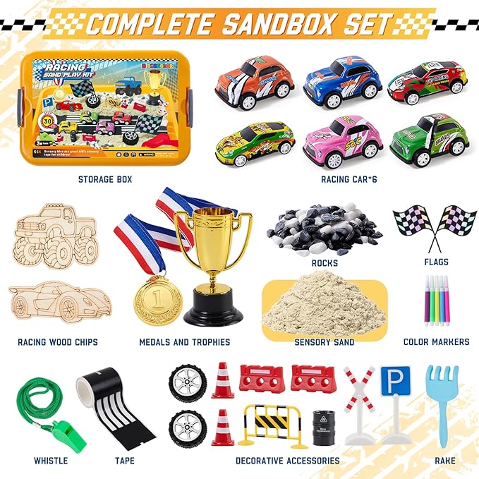 Play Sand Toys Sensory Bin Sandbox, Sand Box Toys for Kids Boys Toddlers 3 4 5 6 7 8 Christmas Birthday Gift (Race)