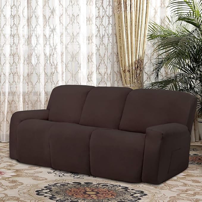 Easy-Going 8 Pieces Microfiber Stretch Sectional Recliner Sofa Slipcover Soft Fitted Fleece 3 Seats Couch Cover Washable Furniture Protector with Elasticity for Kids Pet(Recliner Sofa, Chocolate)