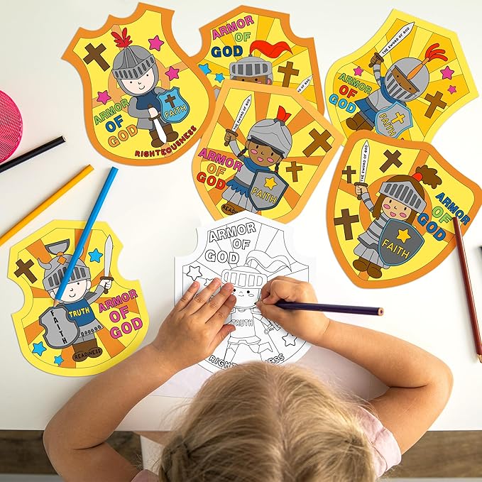 Dvbonike 24Pcs Sunday School Crafts for Kids Color Your Own Armor of God Craft Kit Religious Christian Coloring Card Soldier with Shield and Sword Drawing Party Gifts VBS Home Classroom Decor Supplies