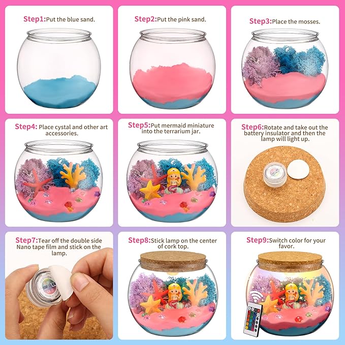 Mermaid Terrarium Kit for Kids, Light Up Terrarium Arts & Crafts Kit with Mermaids Toy for Girls, Fun DIY Mermaid Arts and Crafts Projects, Birthday Gifts for Girl Ages 3 4 5 6 7 8 9 10 11 12 Year Old