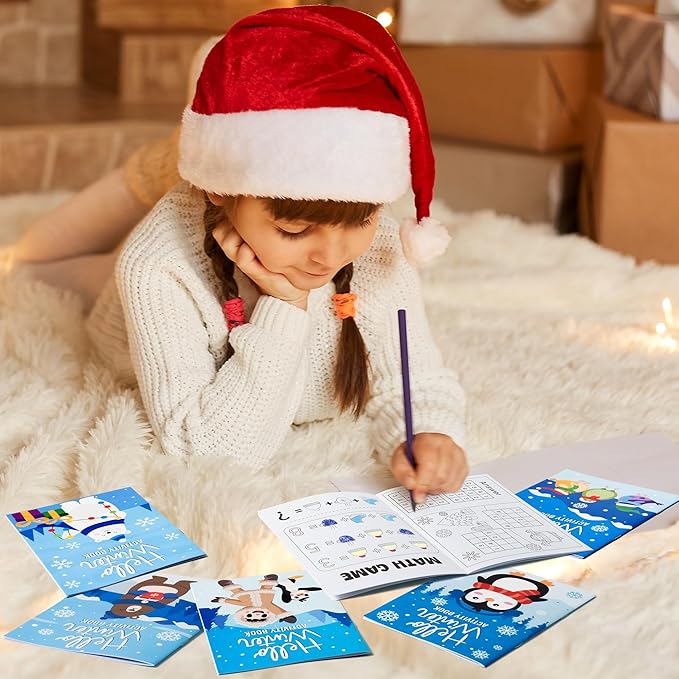 ANGOLIO 24Pcs Hello Winter Activity Coloring Books Including Snow Snowman Polar Bear Penguin DIY Art Drawing Patterns Learn Math Party Favors Christmas Gifts Home Classroom Activity Supplies for Kids