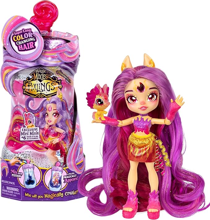 Magic Mixies Pixlings Deluxe Pack, Pippa The Firehorse, Shimmer Reveal, Create & Mix Potion That Magically Reveals 6.5" Pixling Doll Inside Potion Bottle - Exclusive Mini Mixies & 6 Hair Accessories